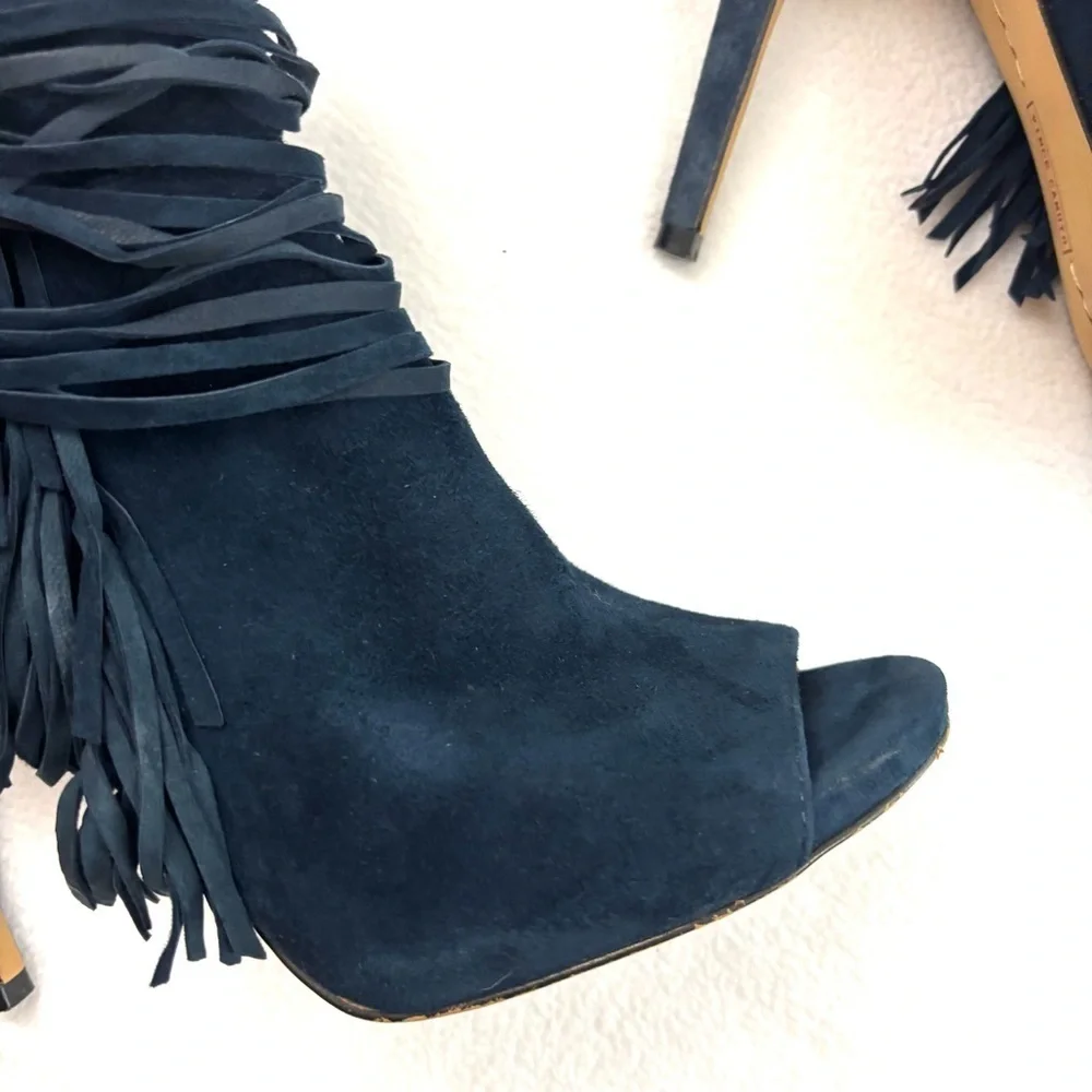 Vince Camuto‎ Navy Suede Leather Fringe Stiletto Heel Open Toe Booties (8)
